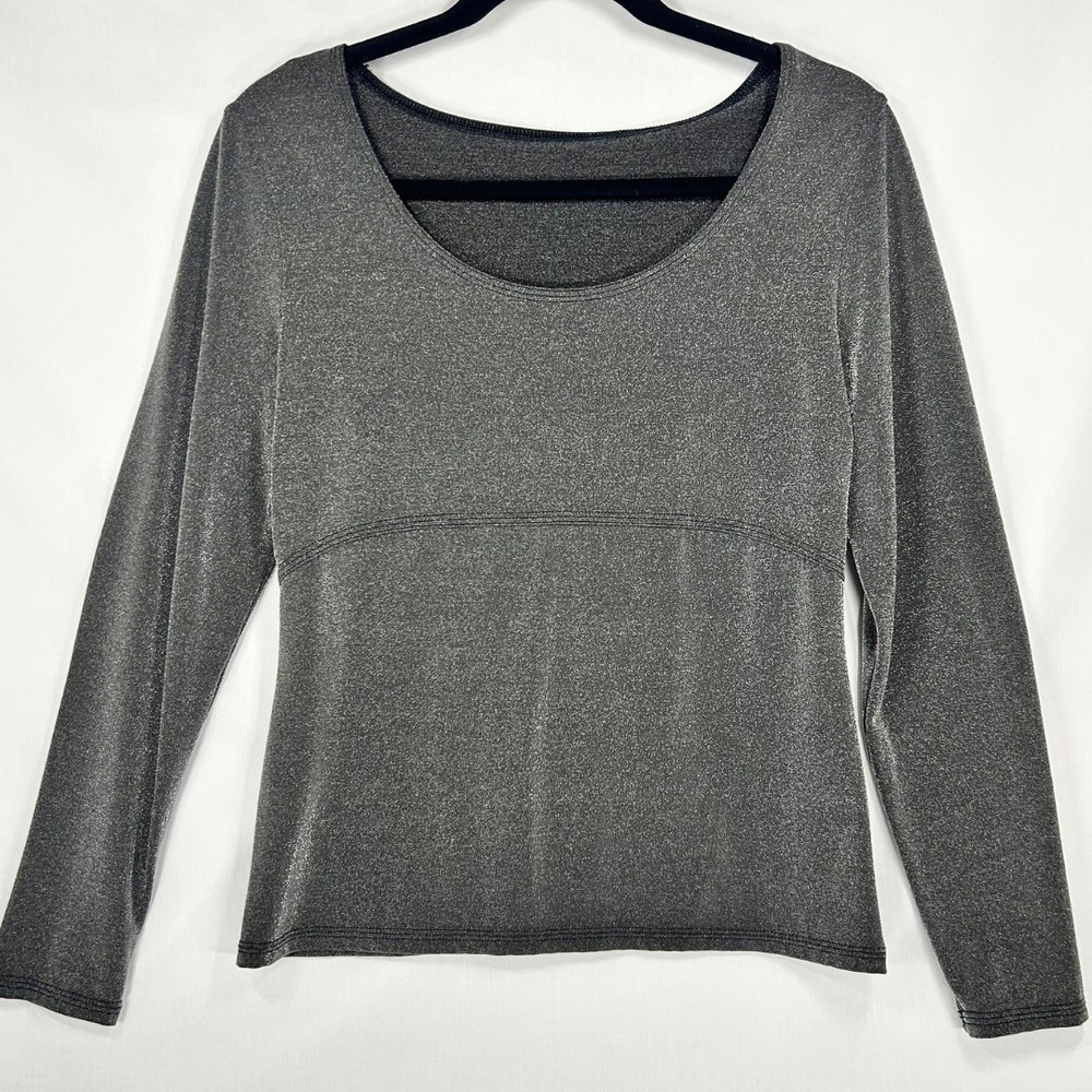 Vintage Y2K Metallic Charcoal Grey Scoop Long Sleeve Top Empire Seam Glitter L